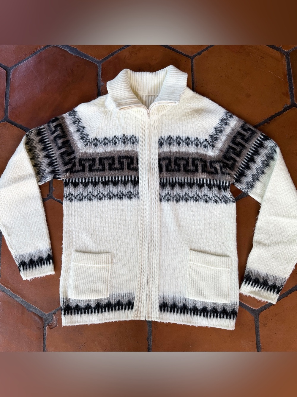 Vintage 70s Alpaca Wool Zip Cardigan Womens M Llama Aztec Fair Isle Knit Sweater - Picture 2 of 6